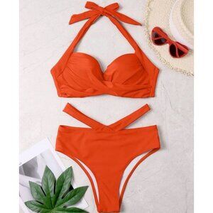 Shein Twist Front Push Up 2 Piece Bikini Swimsuit Set Orange Size Large Cheeky